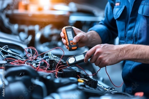 Obraz A skilled technician uses a multimeter to test electrical connections in a vehicle's engine, showcasing precision and expertise in automotive diagnostics and repair.