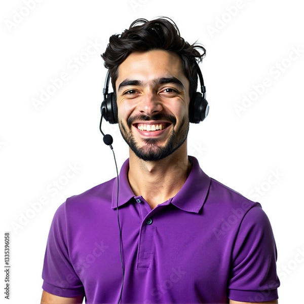 Fototapeta Smiling call center operator with headset, isolated on white background. Friendly customer service representative in purple polo shirt. Professional business portrait.