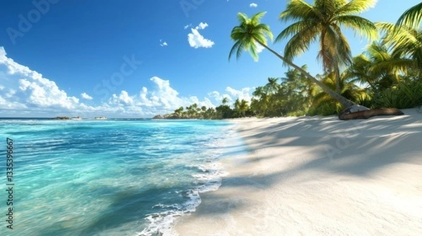 Fototapeta Tropical Beach Paradise: White Sand, Turquoise Water, and Palm Trees under a Sunny Sky