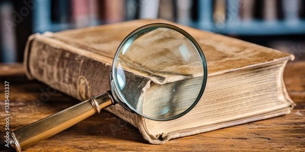 Fototapeta A magnifying glass perched on top of an open book, great for finding references or highlighting important passages