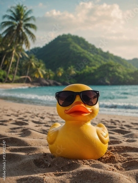 Fototapeta Cool Rubber Duck Relaxing on a Tropical Beach