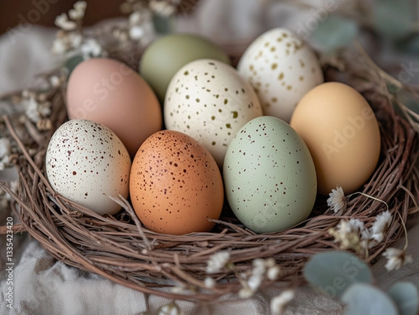 Fototapeta Elegant  Easter Nest with Decorated Eggs