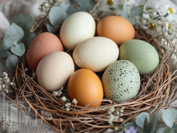 Fototapeta Elegant  Easter Nest with Decorated Eggs