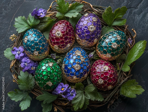 Fototapeta Elegant  Easter Nest with Decorated Eggs