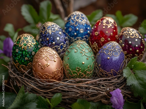 Fototapeta Elegant  Easter Nest with Decorated Eggs