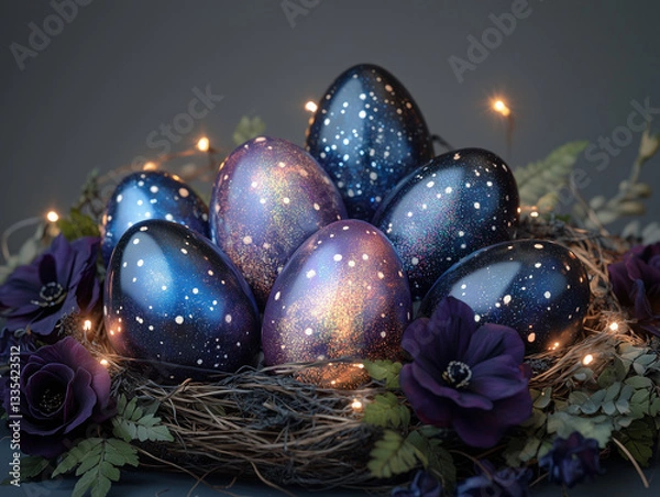 Fototapeta Elegant  Easter Nest with Decorated Eggs