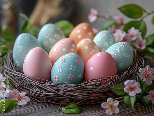 Fototapeta Elegant  Easter Nest with Decorated Eggs