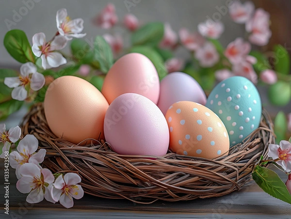 Fototapeta Elegant  Easter Nest with Decorated Eggs