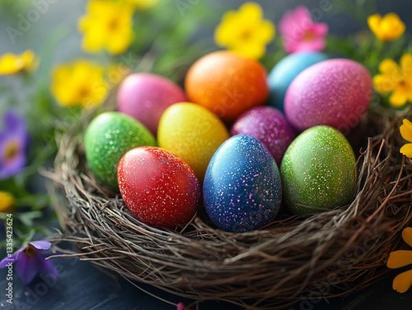 Fototapeta Elegant  Easter Nest with Decorated Eggs