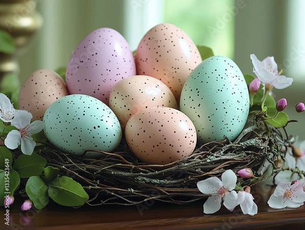 Fototapeta Elegant  Easter Nest with Decorated Eggs