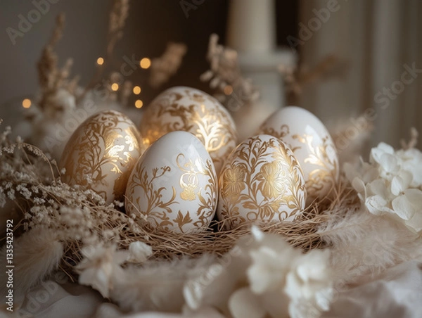 Fototapeta Elegant  Easter Nest with Decorated Eggs