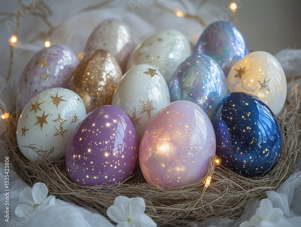 Fototapeta Elegant  Easter Nest with Decorated Eggs