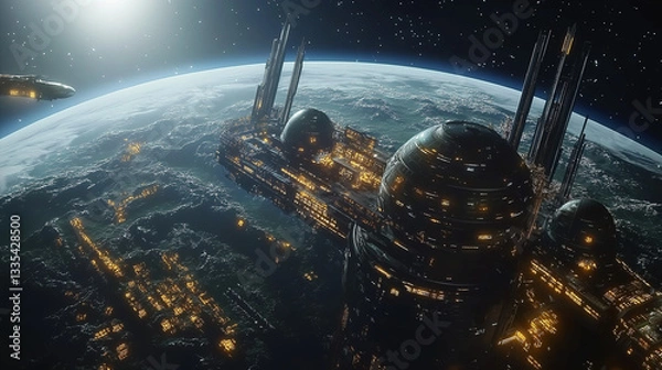 Obraz Futuristic Space Colony Above Earth with Glowing Cities