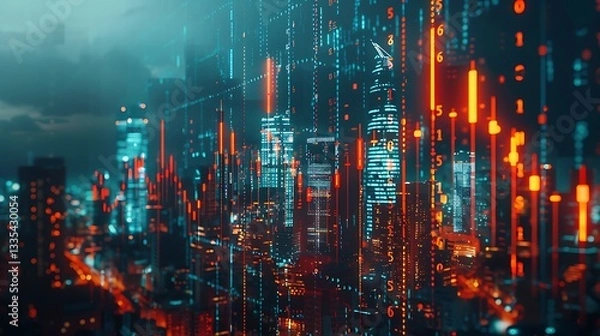 Fototapeta Investing and real estate market crash concept with falling down digital financial chart candlestick and graphs with data indicators on city modern business centers background, double exposure