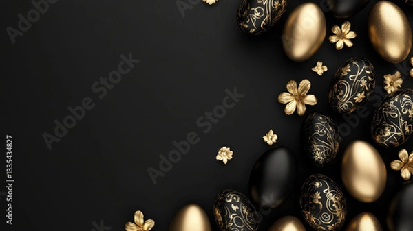 Fototapeta Luxury Easter black background with golden eggs and flowers on right side
