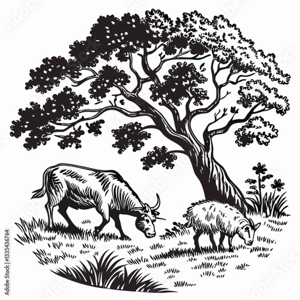 Fototapeta Vector hand-drawn a cow, sheep, and a goat under tree
