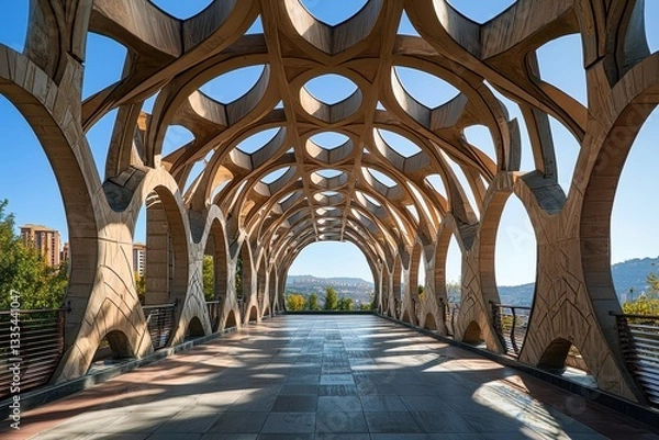 Fototapeta Symmetrical Bridge Architecture, An upward shot of a bridge with symmetrical features, capturing its grand structure against a clear sky. 