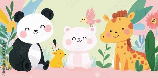 Obraz Adorable illustrations of smiling animals with colorful background and vegetation