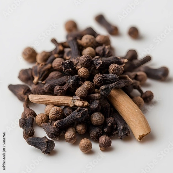 Fototapeta Aromatic cloves and allspice pile on white background