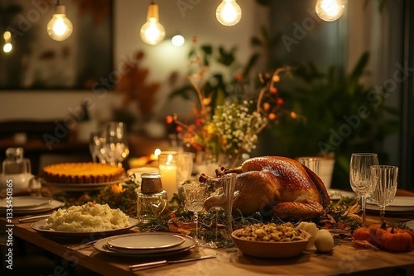 Fototapeta A warm and cozy Thanksgiving dinner table set with a roasted turkey, mashed potatoes, pumpkin pie, and autumn decorations.