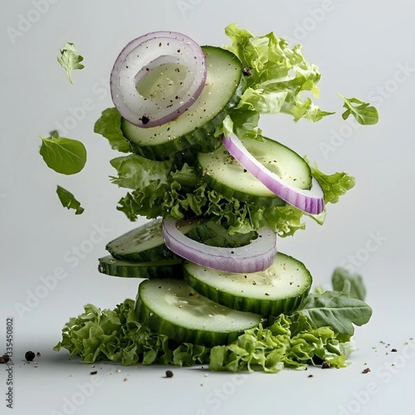 Fototapeta Floating cucumber, red onion salad; studio shot, recipe ingredient