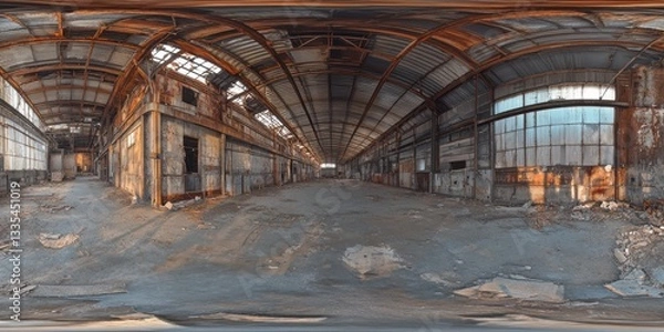 Fototapeta Equirectangular HDRI of an abandoned industrial warehouse, rusty steel beams, broken windows, 