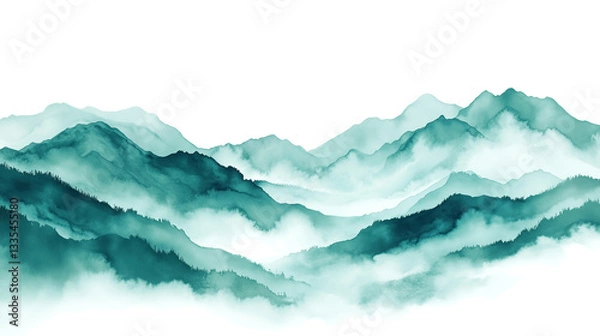 Fototapeta teal color watercolor illustration of misty mountains landscape isolated on white or transparent background