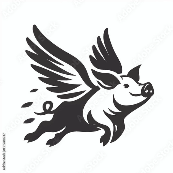 Fototapeta A monochrome illustration of a happy, cartoonish pig with large wings in flight.