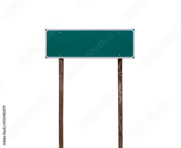Fototapeta Tall blank green highway sign isolated with cut out background.