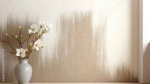 Fototapeta Vase with white flowers on a table against a neutral background