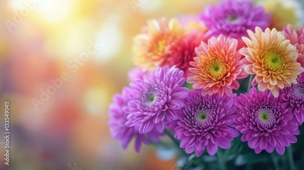 Fototapeta Close-up bouquet of colorful chrysanthemum flowers in various shades of pink, purple, and orange, with soft, diffused sunlight illuminating the blossoms
