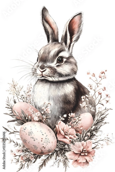 Obraz Hand-drawn brown rabbit sitting among floral branches with speckled Easter eggs on a white background. Vintage botanical watercolor illustration. Easter celebration and springtime holiday concept. Des