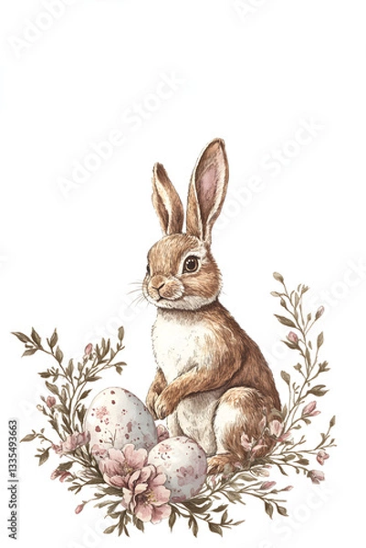 Obraz Hand-drawn brown rabbit sitting among floral branches with speckled Easter eggs on a white background. Vintage botanical watercolor illustration. Easter celebration and springtime holiday concept. Des