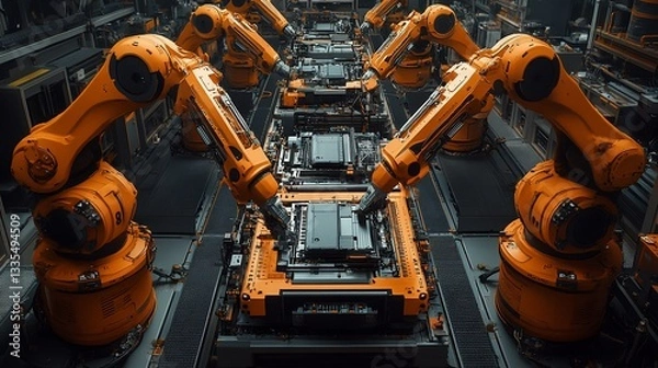 Fototapeta Automated Production Line with Orange Robots