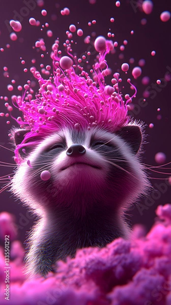 Obraz Fantasy raccoon with glowing pink fur and bioluminescent particles floating in the air. Digital art concept.