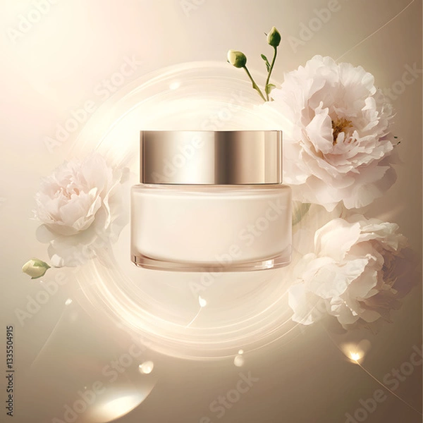 Obraz Premium facial cream container with delicate flowers and soft glowing bokeh background. Beauty and self-care concept.