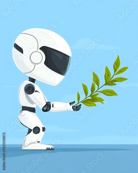 Obraz Futuristic white robot holding a green plant branch on a blue sky background. Concept of technology and nature harmony.