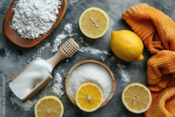 Fototapeta Detailed Image of Top View of Eco Cleaning Products with Lemon and Baking Soda