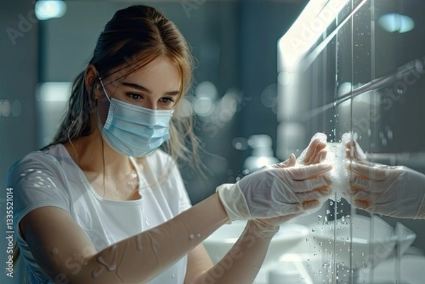 Fototapeta Sharp Picture of Woman in Protective Mask Washing Hands with Hand Sanitizer