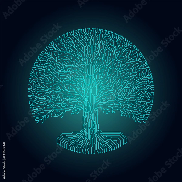 Obraz Hi-tech circuit style round yggdrasil tree. Cyberpunk futuristic design.