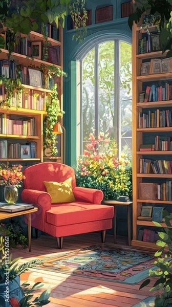 Fototapeta An inviting indoor reading nook with books and lovely sunlight
