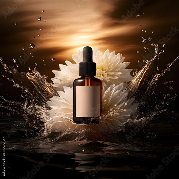 Obraz Amber glass dropper bottle with blank label floating among white flowers and water splashes against a golden sunset background. Product mockup for skincare, cosmetics, and essential oils branding.