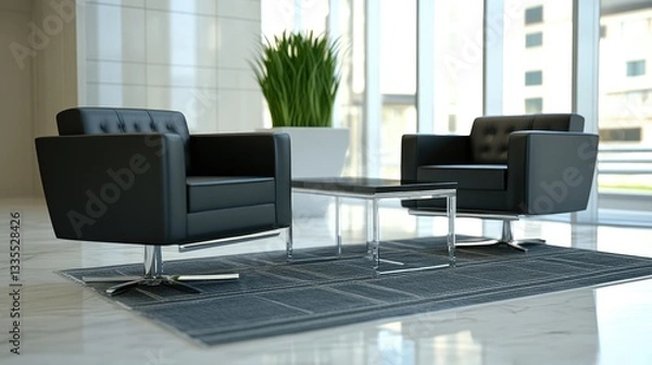 Fototapeta Elegant business-class lounge in a corporate hotel with modern furniture and a quiet ambiance.