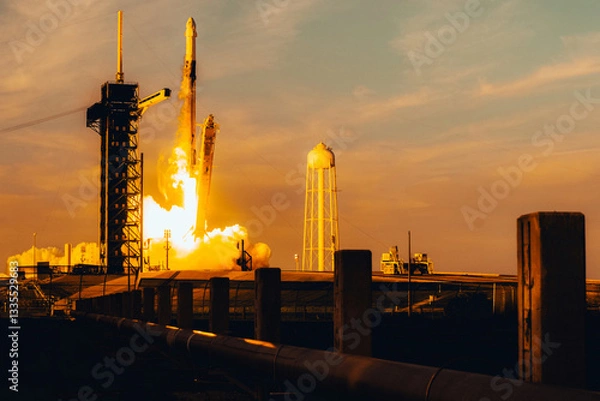 Fototapeta Rocket launch at sunset with fiery glow from launchpad, silhouetted against orange sky. SpaceX Falcon rocket blasting off. Technology and space concept. Elements of this image furnished by NASA