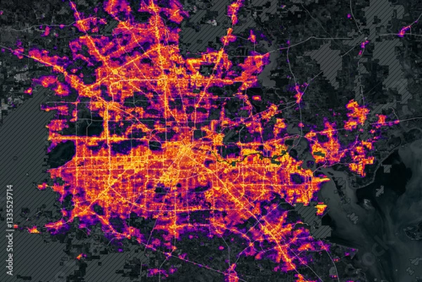 Fototapeta Heatmap of city with glowing orange and purple lights showing urban activity. Illuminating population density and traffic flow. Houston at night. Elements of this image furnished by NASA