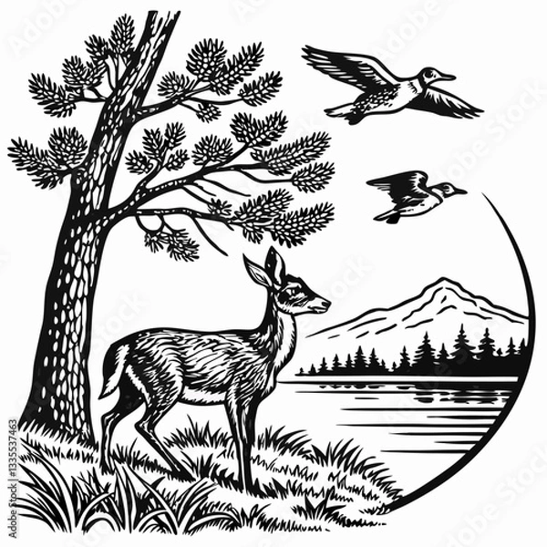 Fototapeta Vector hand-drawn a Whitetail deer under tree, mountain, lake