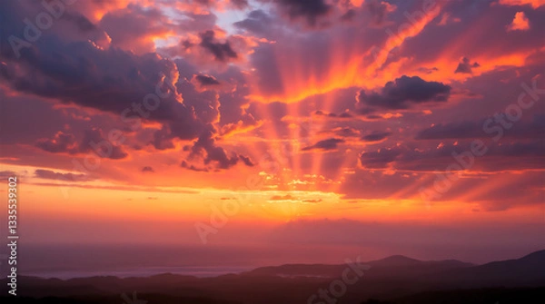 Obraz Stunning Aerial View of a Sunset with Dramatic Clouds and Warm Golden Light