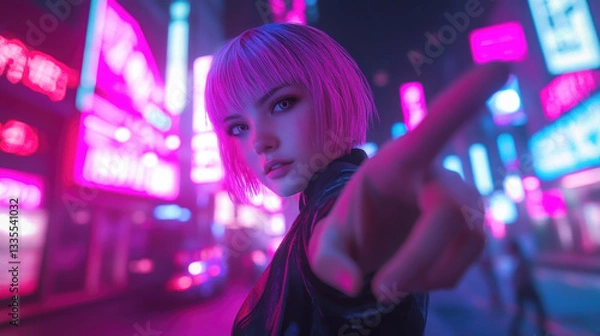 Fototapeta 夜の街のピンクヘアの若い女性