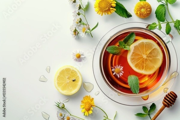 Fototapeta High Detail Visual of Design Concept Top View of Honey Black Tea with Lemon and Mint