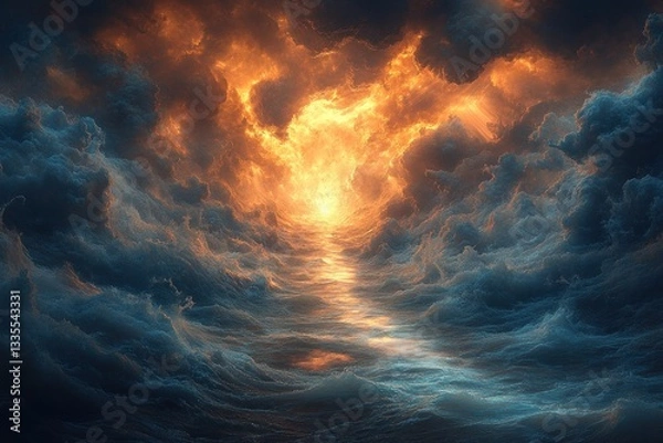 Fototapeta Fiery path through ominous clouds; celestial vista